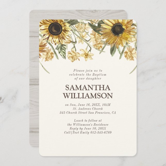 Baptism For Her Rustic Sunflower Florals Invitation (Front/Back)