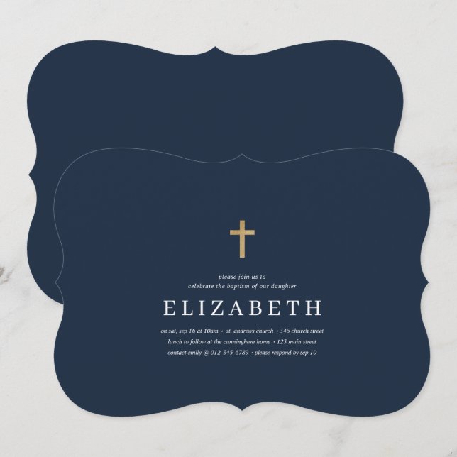 Baptism For Her | Simple and Modern Gold Cross Invitation (Front/Back)