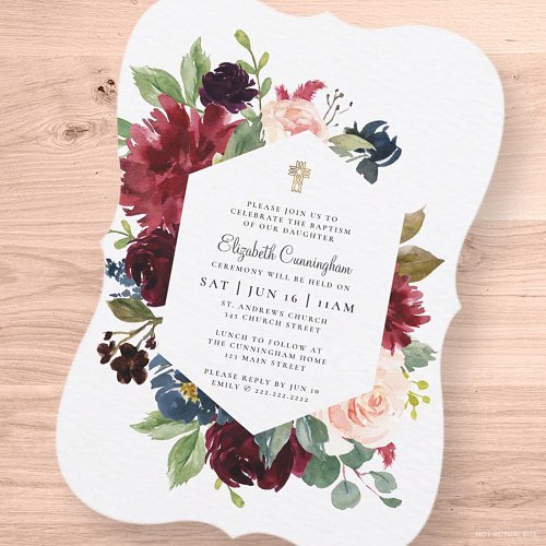 Baptism For Her Simple Watercolor Floral Cross Invitation