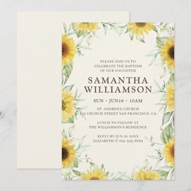 Baptism For Her Sunflower Floral Botanicals Invitation (Front/Back)