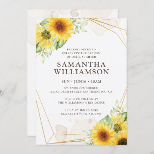 Baptism For Her Sunflower Floral Geometric Invitation