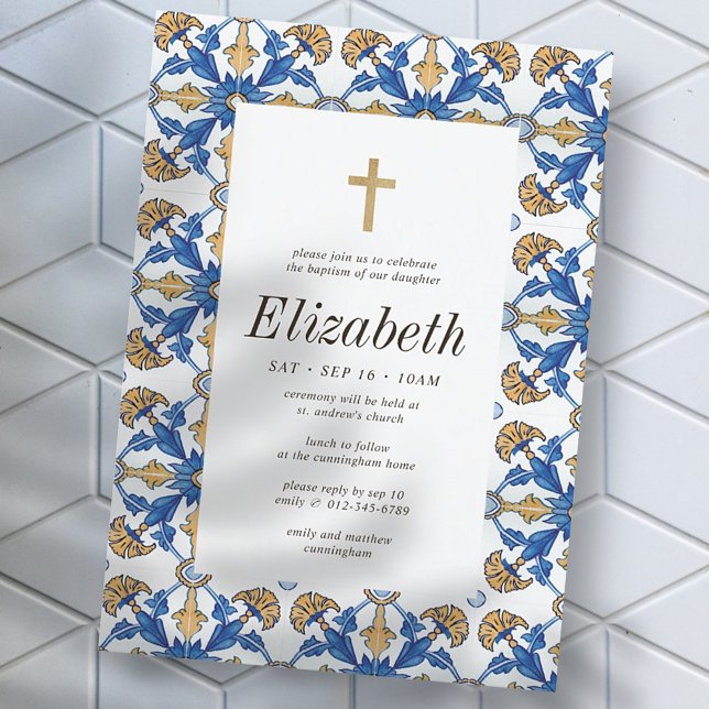 Baptism For Her Vintage Mediterranean Tiles Invitation (Creator Uploaded)