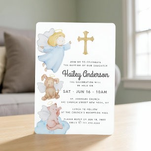 Baptism For Her Watercolor Angels and Cross Invitation