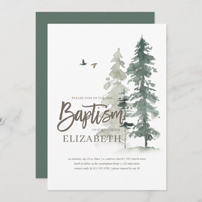 Baptism For Her | Watercolor Pine Trees Invitation (Front/Back)