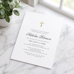 Baptism For Him Minimalist Gold Cross Invitation