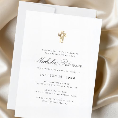 Baptism For Him Modern Minimalist Gold Cross Invitation
