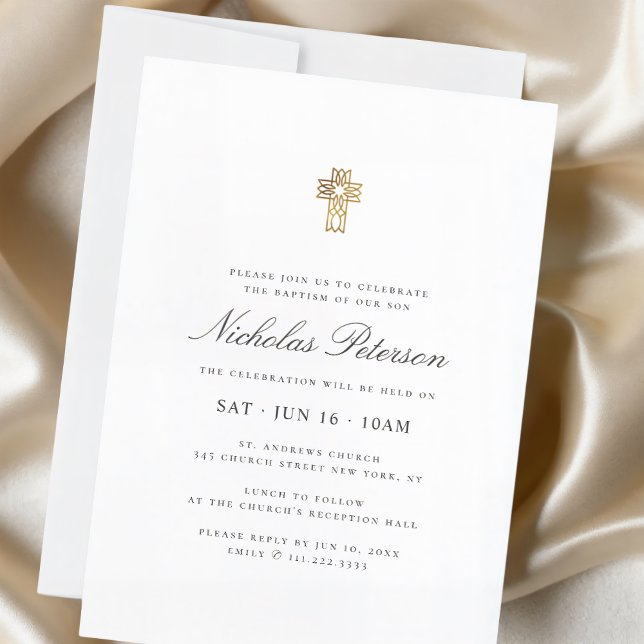Baptism For Him Modern Minimalist Gold Cross Invitation (Creator Uploaded)