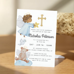 Baptism For Him Watercolor Angels and Cross Invitation