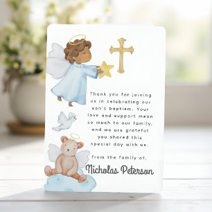 Baptism For Him Watercolor Angels and Cross Thank You Card