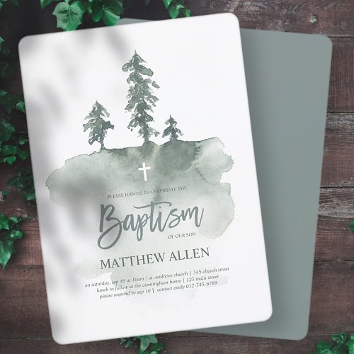 Baptism For Him  Watercolor Pine Trees Invitation