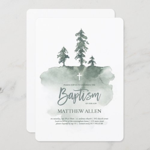 Baptism For Him  Watercolor Pine Trees Invitation