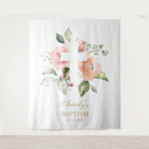 Baptism Girl Backdrop - Blush Pink Flowers Cross