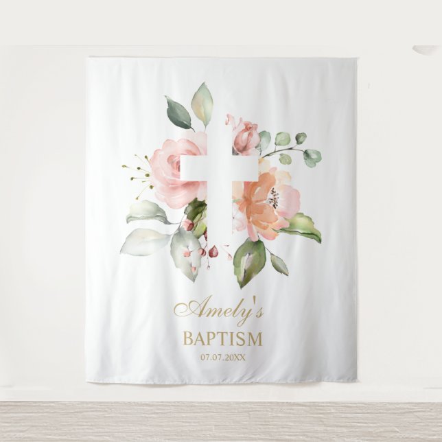 Baptism Girl Backdrop - Blush Pink Flowers Cross (Front)