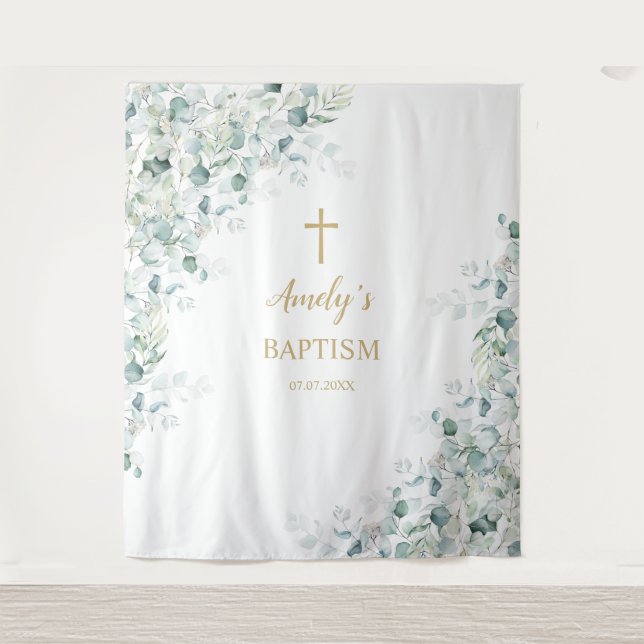 Baptism Girl Backdrop - Greenery Eucalyptus (Front)