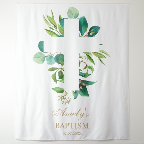 Baptism Girl Backdrop _ Greenery Eucalyptus Cross