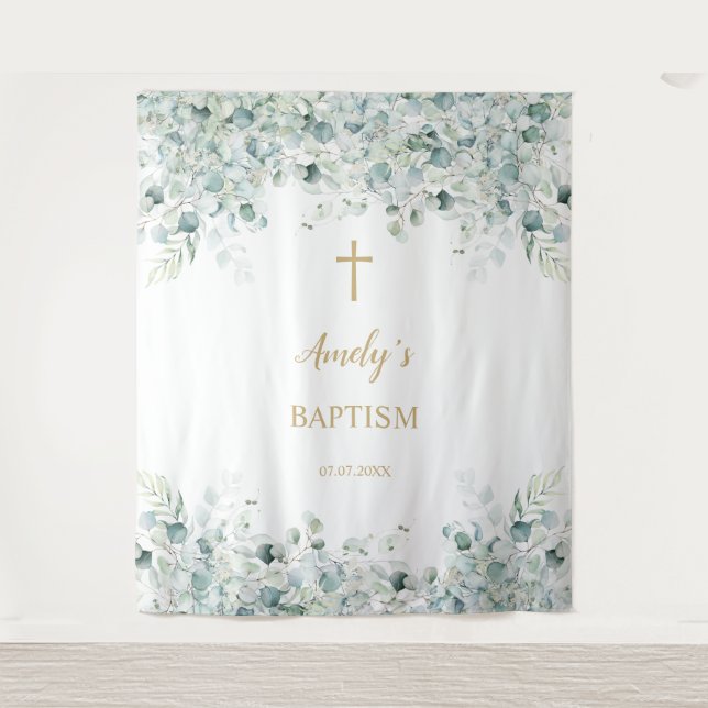 Baptism Girl Backdrop - Greenery Eucalyptus & Gold (Front)