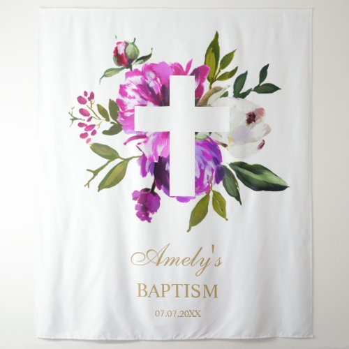 Baptism Girl Backdrop _ Purple Flowers Cross