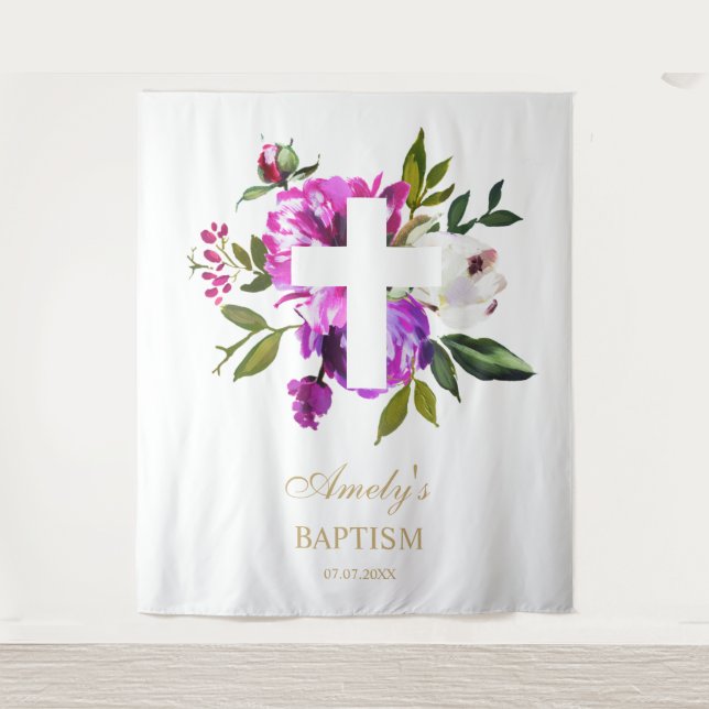 Baptism Girl Backdrop - Purple Flowers Cross (Front)