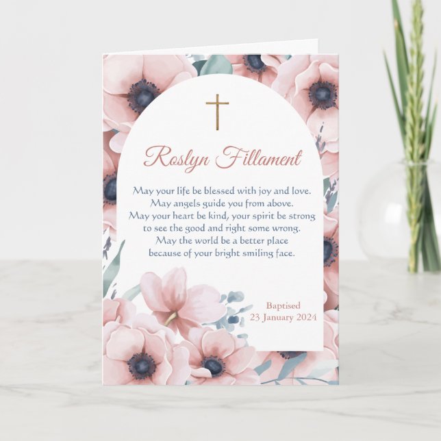Baptism Girl Big Pink Flowers Around Border Card (Front)