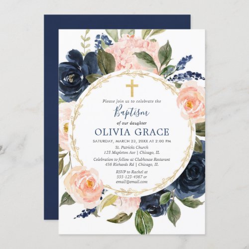 Baptism girl blush pink navy blue gold elegant invitation