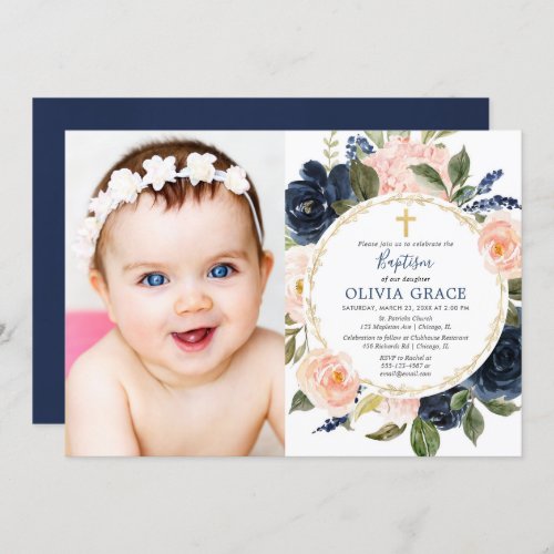 Baptism girl blush pink navy blue gold photo invitation