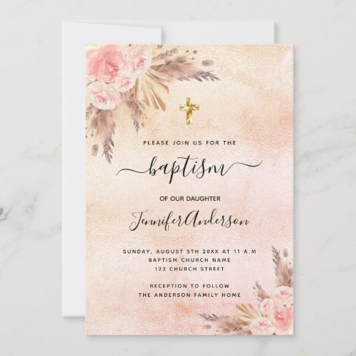 Baptism girl boho pampas grass rose gold pink invitation