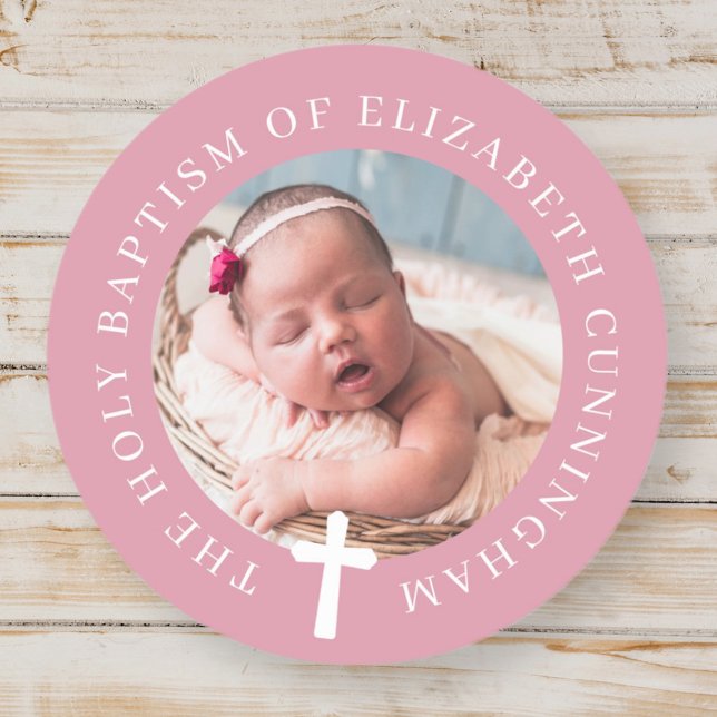 Baptism Girl | Custom Photo and Simple Cross Classic Round Sticker (Creator Uploaded)