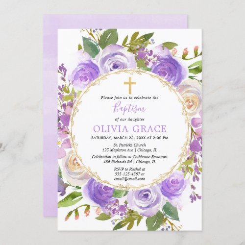 Baptism girl floral purple lavender lilac invitation
