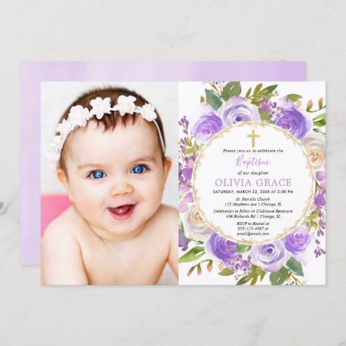 Baptism girl floral purple lavender lilac photo invitation