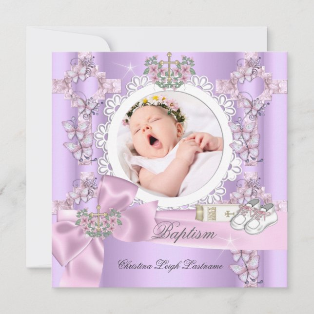 Baptism Girl Lilac Pink White Photo Christening Invitation (Front)