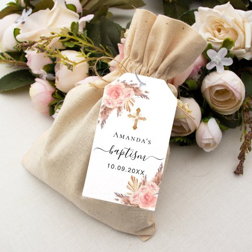 Baptism girl pampas grass blush rose thank you gift tags