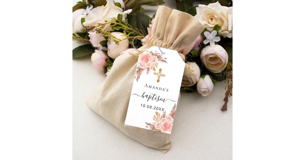 Baptism girl pampas grass blush rose thank you gift tags | Zazzle