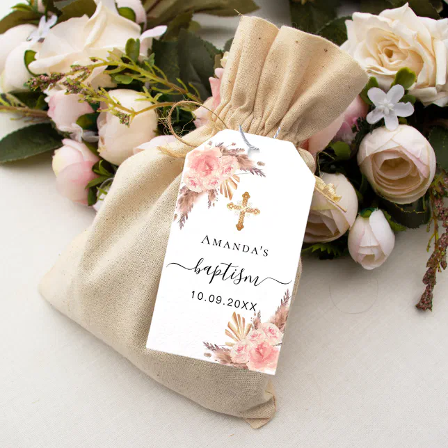 Baptism girl pampas grass blush rose thank you gift tags | Zazzle