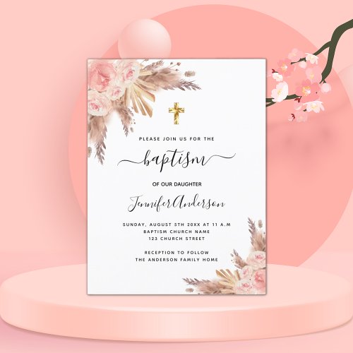 Baptism girl pampas grass rose gold blush pink invitation postcard