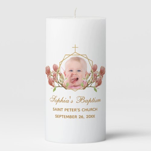 Baptism Girl Photo Floral Geometric Pink Magnolia  Pillar Candle