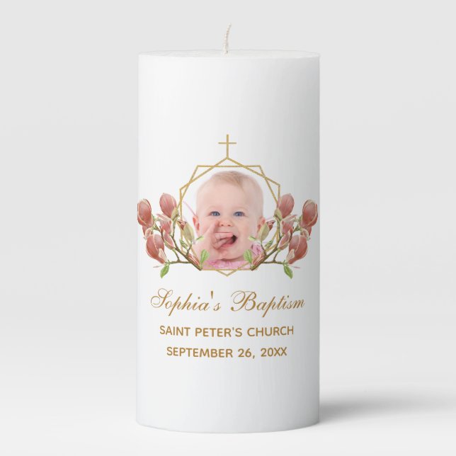 Baptism Girl Photo Floral Geometric Pink Magnolia  Pillar Candle (Front)