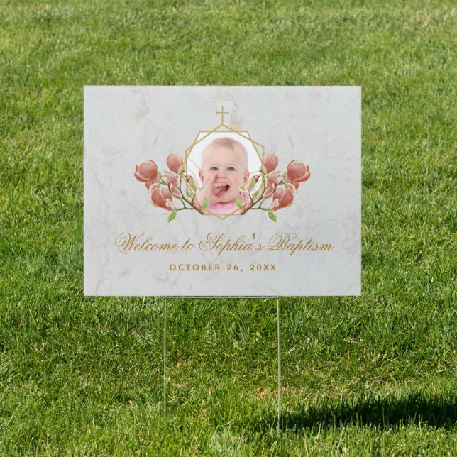 Baptism Girl Photo Floral Geometric Pink Magnolia  Sign (Insitu)