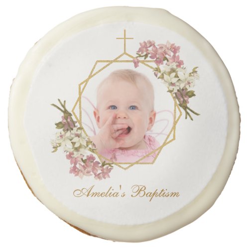 Baptism Girl Photo Floral Gold Cross Pink Orchids  Sugar Cookie