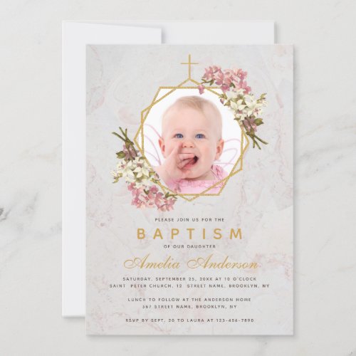 Baptism Girl Photo Floral Gold Pink Orchids Marble Invitation