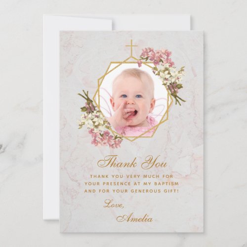 Baptism Girl Photo Floral Gold Pink Orchids Marble Thank You Card