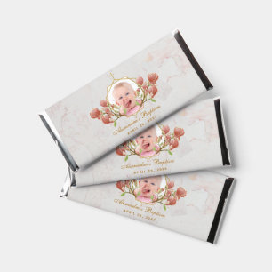 Baptism Girl Photo Floral Marble Pink Magnolia  Hershey Bar Favors