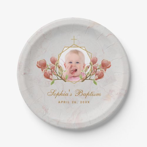 Baptism Girl Photo  Floral Marble Pink Magnolia Paper Plates