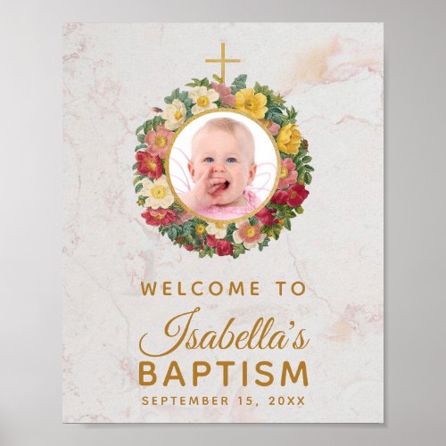 Baptism Girl Photo Floral Rose Wreath Gold Marble Poster