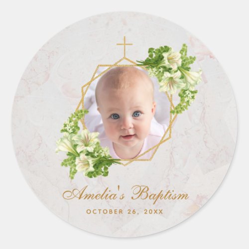 Baptism Girl Photo Floral White Lilies Gold Marble Classic Round Sticker