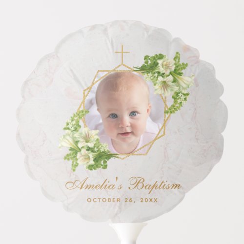 Baptism Girl Photo Floral White Lilies Marble Gold Balloon