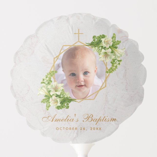 Baptism Girl Photo Floral White Lilies Marble Gold Balloon (Front)