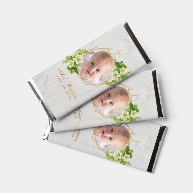 Baptism Girl Photo Floral White Lilies Marble Gold Hershey Bar Favors (Front)