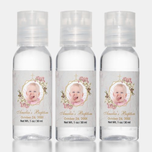 Baptism Girl Photo Gold Pink Orchids Marble  Hand Sanitizer