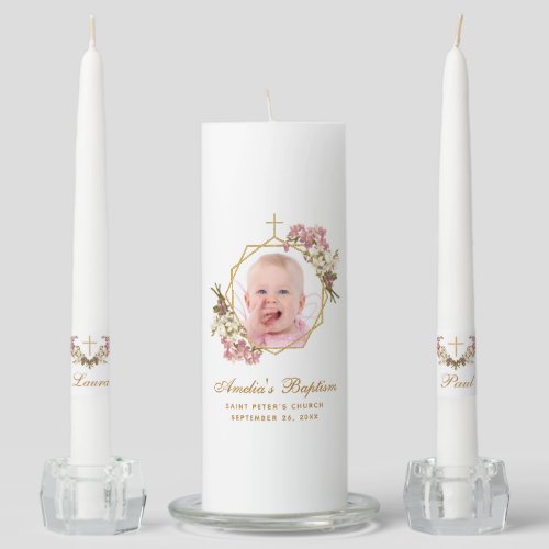 Baptism Girl Photo Gold Pink Orchids Script Floral Unity Candle Set