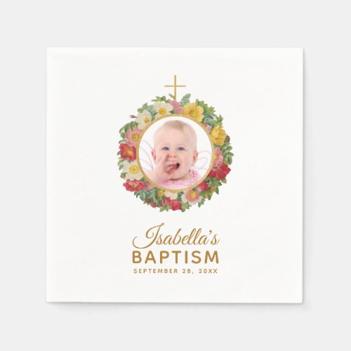 Baptism Girl Photo in Rose Wreath Floral Napkins